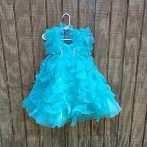 Pagent Teal Ruffled Organza Dress With Matching Shawl Toddler Girl Size 2